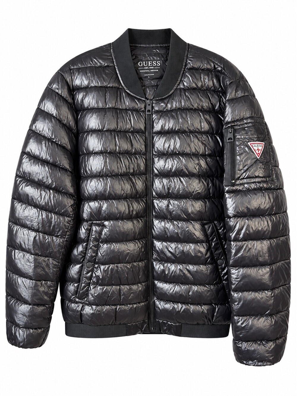 GUESS Mens L Black Puffer Jacket Quilted Bomber Nylon Logo Lightweight Coat